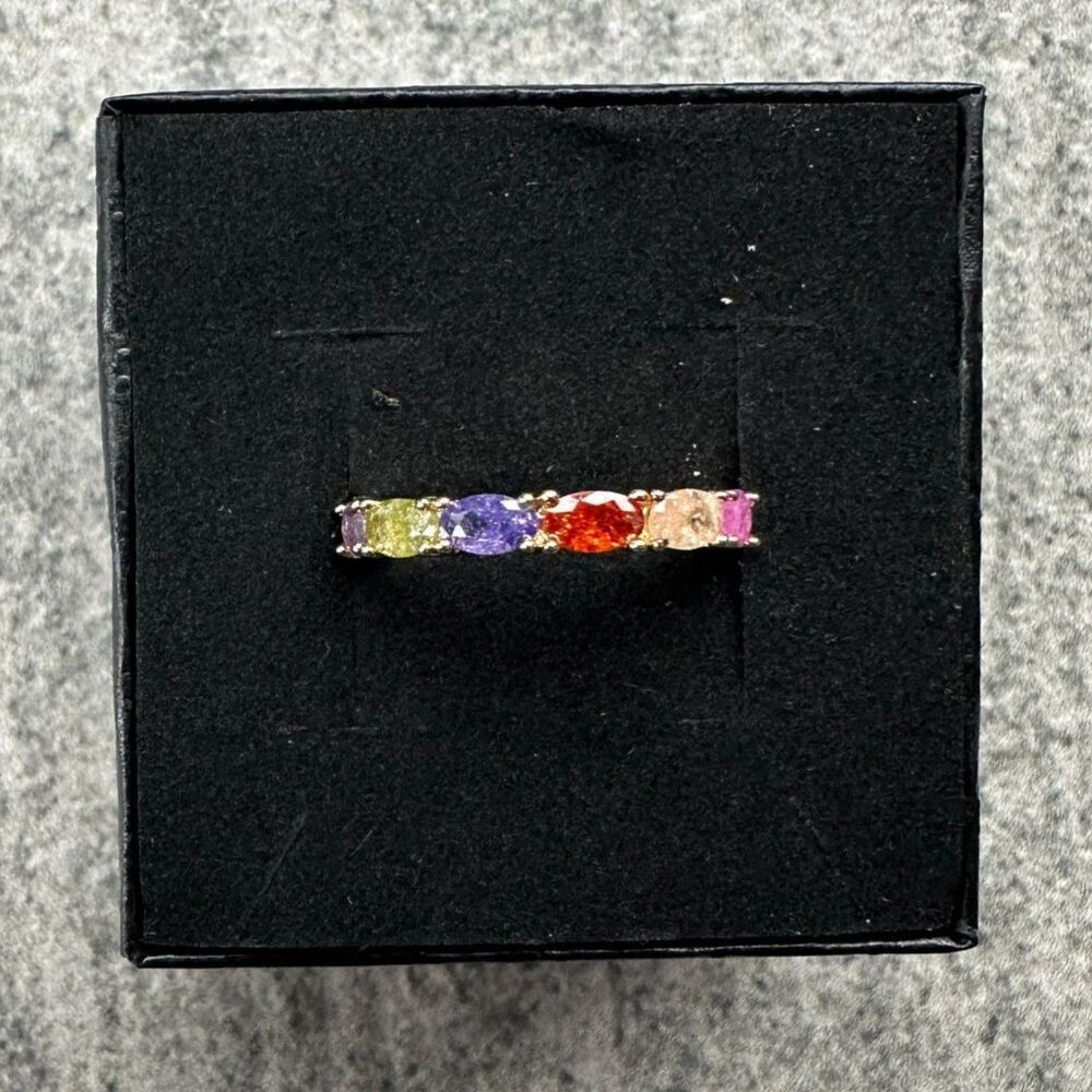 NWB Rainbow CZ Ring Oval Multi‑Color Stones Gold Plated Eternity Band Size 9